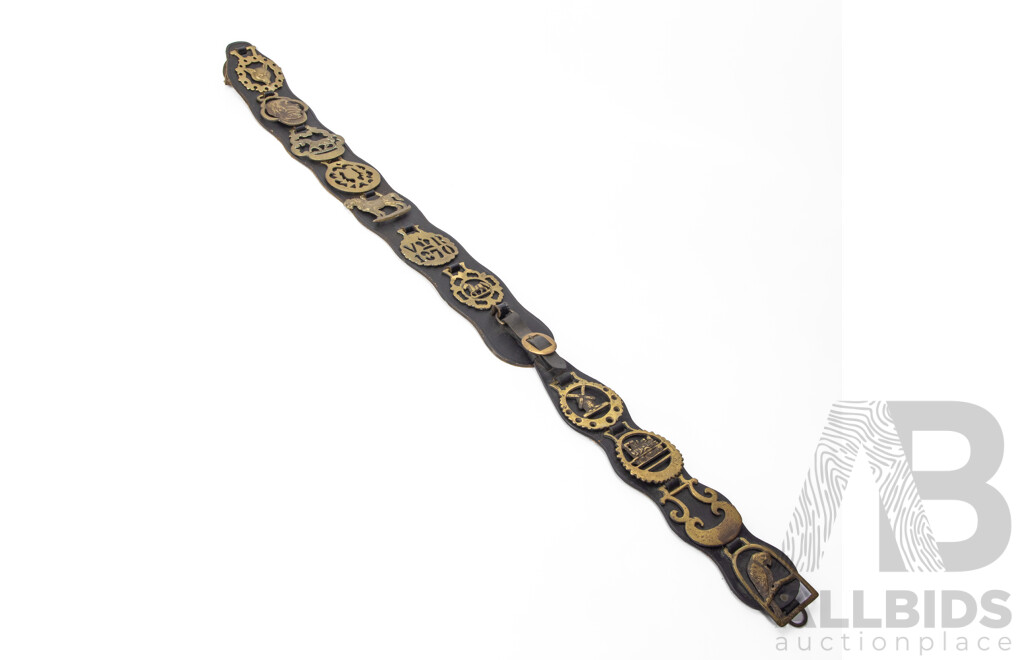 Vintage Horse Brasses on Leather Strap Including VR 1870, Edinburgh Thistle, Tom Pinch