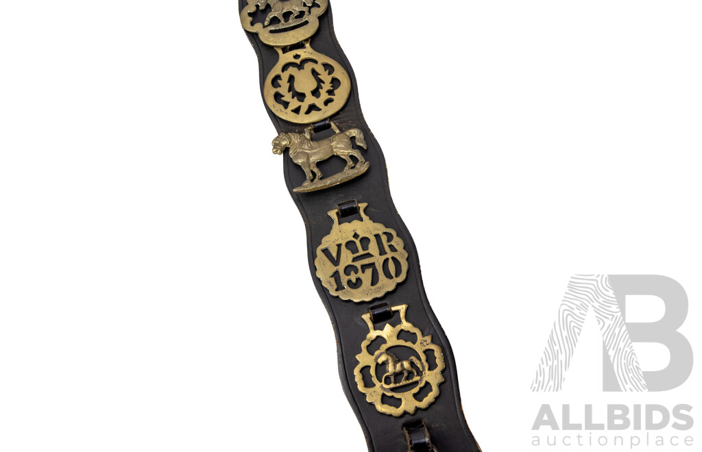 Vintage Horse Brasses on Leather Strap Including VR 1870, Edinburgh Thistle, Tom Pinch