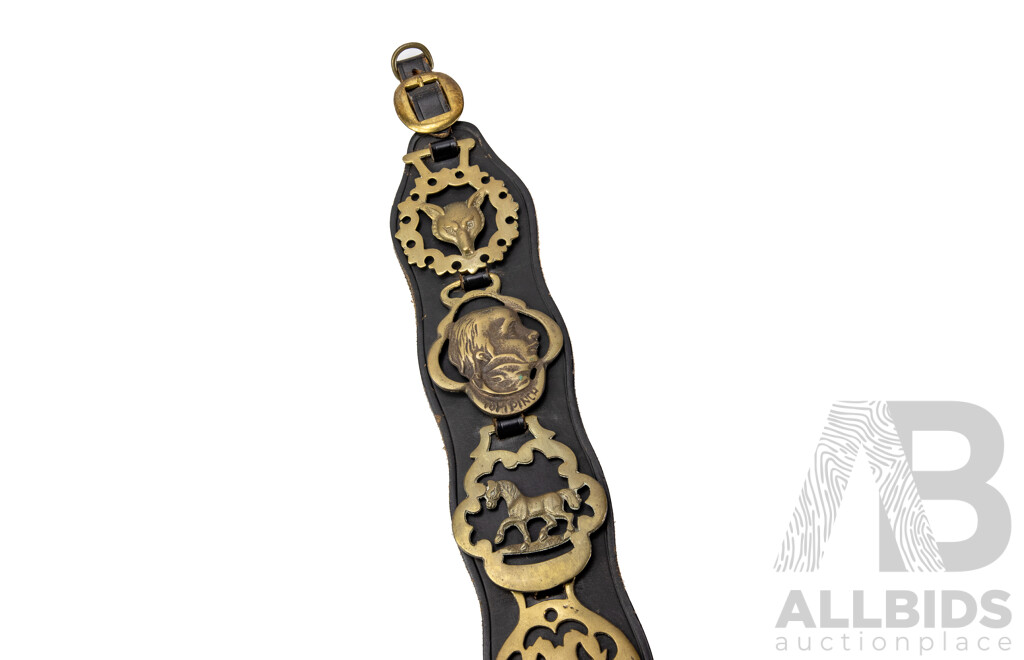 Vintage Horse Brasses on Leather Strap Including VR 1870, Edinburgh Thistle, Tom Pinch