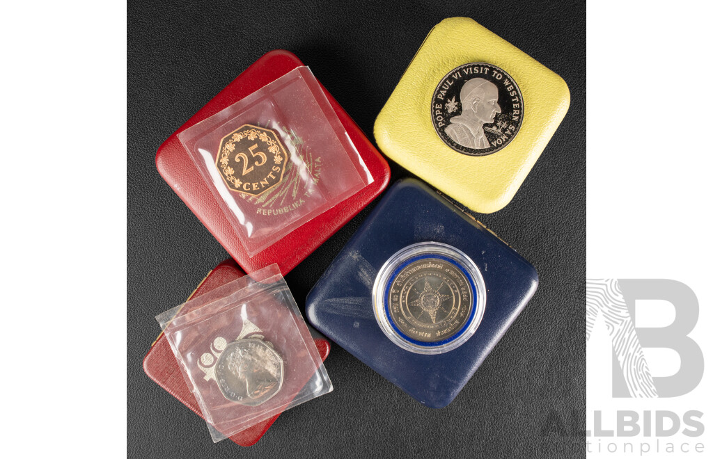 Four Proof Coins Including Samoa 1970 One Dollar, Pope Paul VI Visit, Malta 1975 Twenty Five Cents, Republic Anniversary, United Kingdom 1973 Fifty Pence, EEC Ring of Hands................