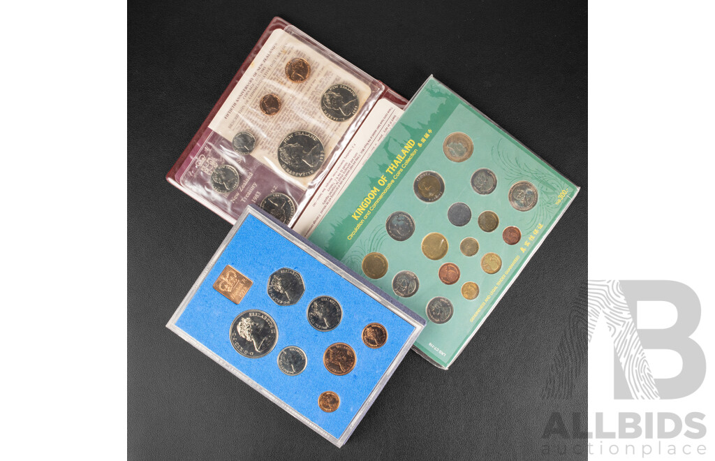 Three Coin Sets Including 1972 Coinage of Great Britain and Northern Ireland, New Zealand 1983 50th Anniversary of Coinage Set, Thailand Commemorative and Circulation Set