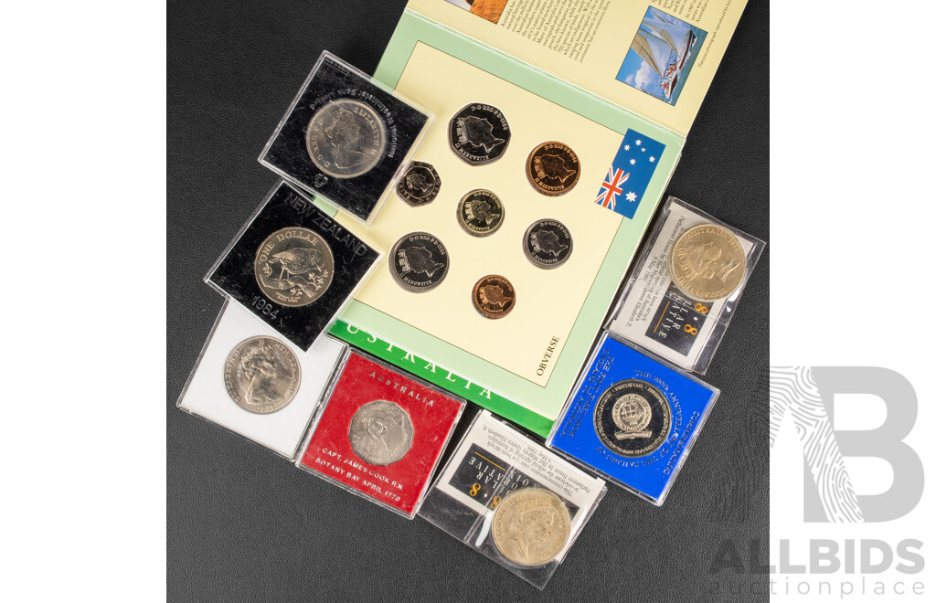 Collection of UNC Coins Including Two Australian 1988 Five Dollars, 1970 Fifty Cents, Cook, United Kingdom 1988 Set Commemorating Australia Bicentenary, 1981 Crown, Charles and Diana, 1987 First Fleet Medal............