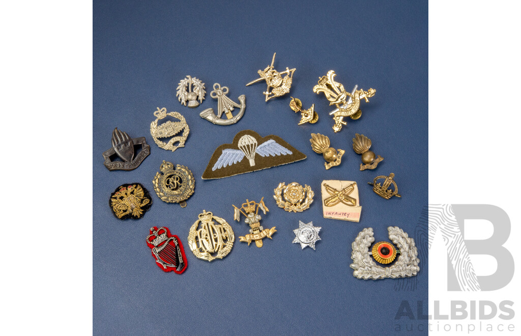 Collection of Military Badges and Patches Including Royal Engineers, Infantry, Paratrooper Wings and More