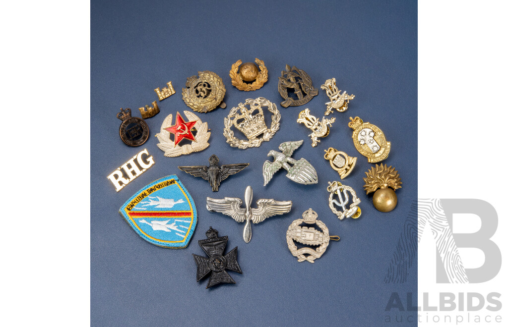 Collection of Military Badges and Patches Including USA Royal Engineers Collar Badges, USSR Parade Cockade, British Tank Regiment and More