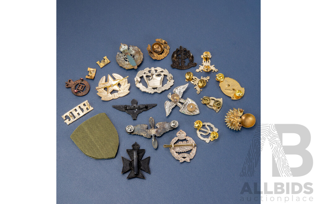 Collection of Military Badges and Patches Including USA Royal Engineers Collar Badges, USSR Parade Cockade, British Tank Regiment and More