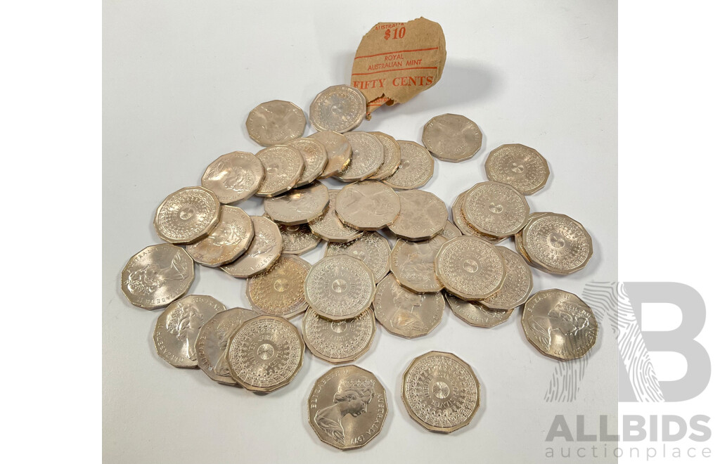 Forty Australian 1977 UNC Fifty Cent Coins, Silver Jubilee