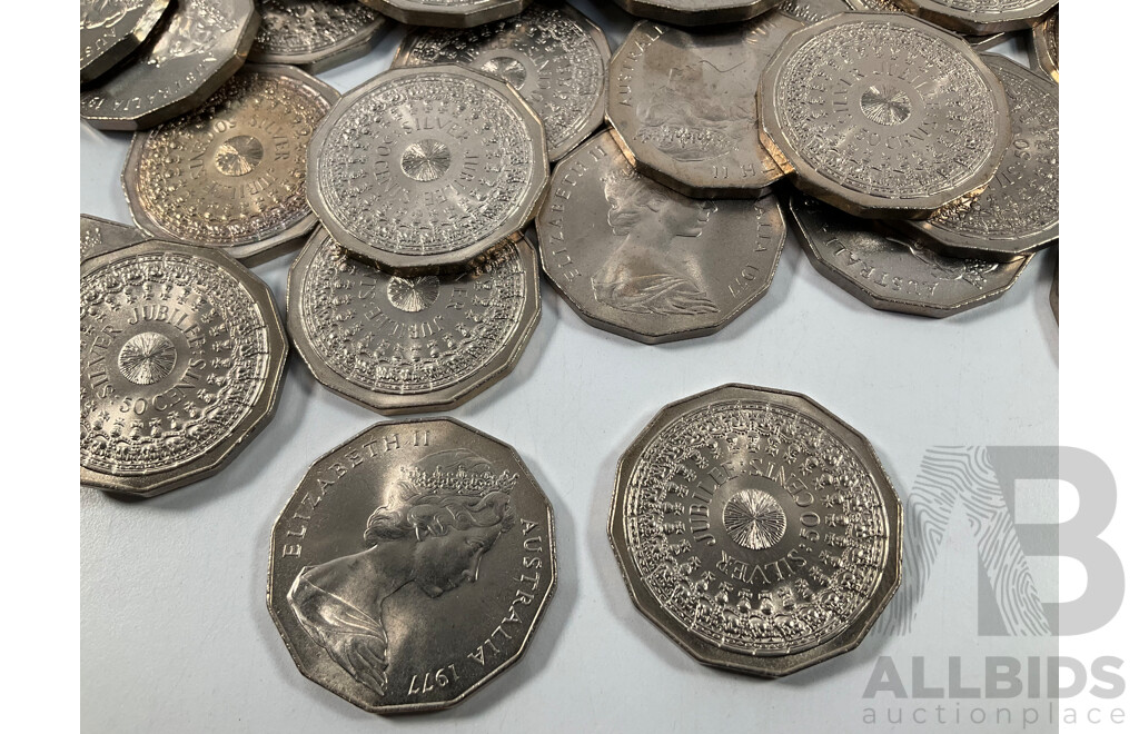 Forty Australian 1977 UNC Fifty Cent Coins, Silver Jubilee