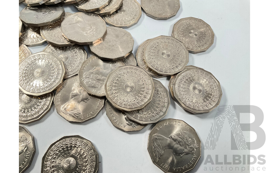 Forty Australian 1977 UNC Fifty Cent Coins, Silver Jubilee