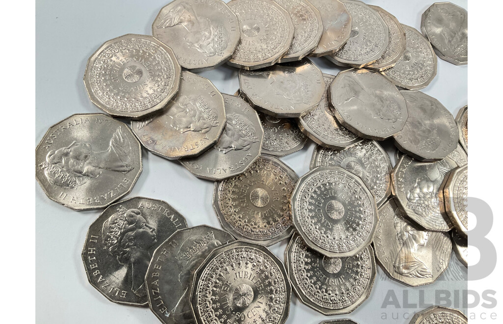 Forty Australian 1977 UNC Fifty Cent Coins, Silver Jubilee