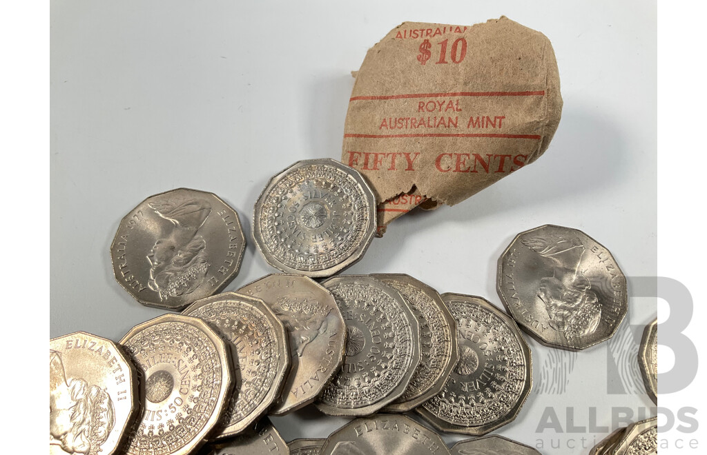 Forty Australian 1977 UNC Fifty Cent Coins, Silver Jubilee