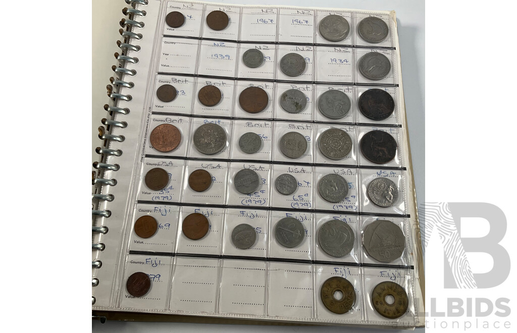 Album of International Vintage Coins Including USA, Fiji, New Zealand, Canada, Germany, Hong Kong, India, Malaysia, Tonga and More