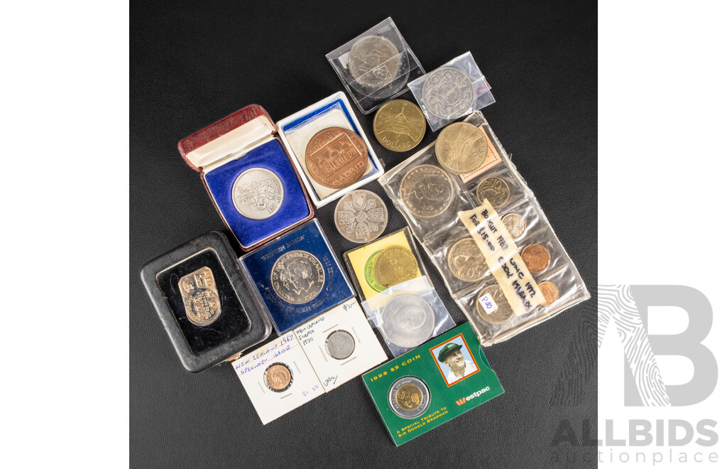 Collection of International Coins Including Three Australian Five Dollars 1988(2) 1994 Great Britain Crowns 1953, 1965, 1977, Western Samoa Charles and Diana One Dollar, Cook Islands1972 Set and More