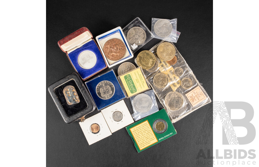 Collection of International Coins Including Three Australian Five Dollars 1988(2) 1994 Great Britain Crowns 1953, 1965, 1977, Western Samoa Charles and Diana One Dollar, Cook Islands1972 Set and More