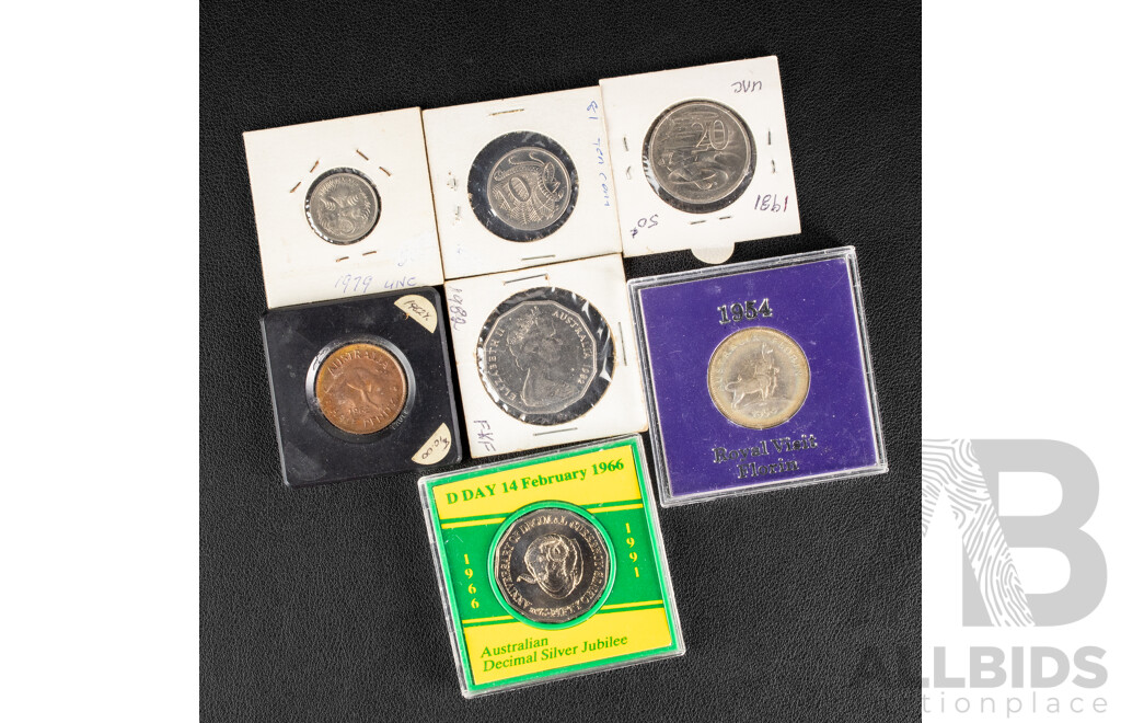 Collection of Australian Coins Including 1954 Silver Florin, Royal Visit, 1962 Half Penny, 1991 UNC Fifty Cent, Twenty Five Years Decimal Currency, 1982 Commonwealth Games, High Grade Twenty, Ten and Five Cent Coins