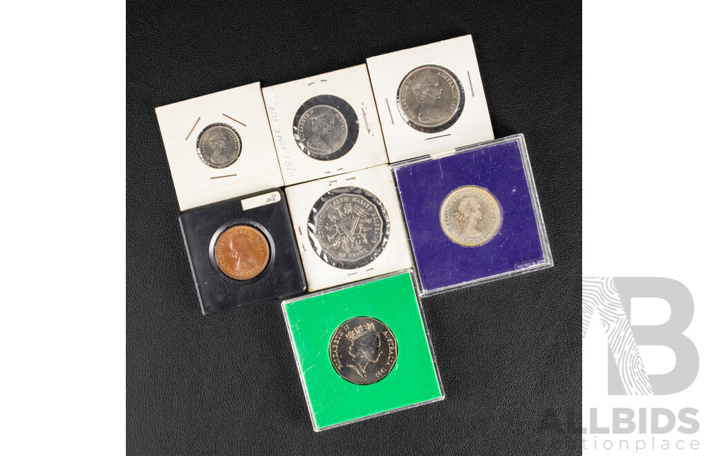 Collection of Australian Coins Including 1954 Silver Florin, Royal Visit, 1962 Half Penny, 1991 UNC Fifty Cent, Twenty Five Years Decimal Currency, 1982 Commonwealth Games, High Grade Twenty, Ten and Five Cent Coins