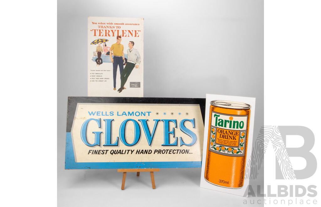Three Vintage Advertising Signs Including Double Sided Wells Lamont Gloves, Tarino Orange Drink and Terylene Polyester Fibre