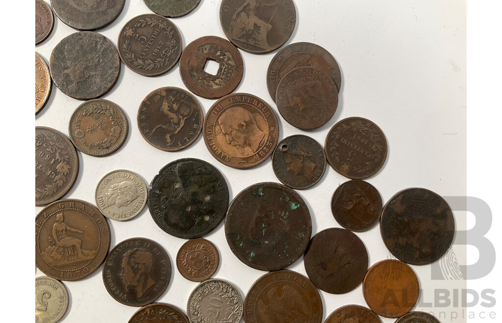 Collection of International Antique/Vintage Coins Including United Kingdom QV Jersey QV, France Napoleon III, China, New Zealand, USA