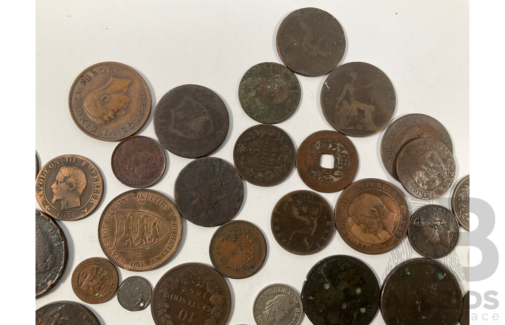Collection of International Antique/Vintage Coins Including United Kingdom QV Jersey QV, France Napoleon III, China, New Zealand, USA