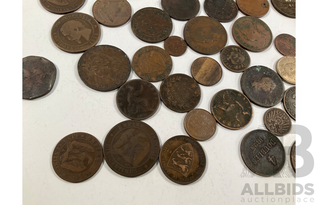 Collection of International Antique/Vintage Coins Including United Kingdom QV Jersey QV, France Napoleon III, China, New Zealand, USA