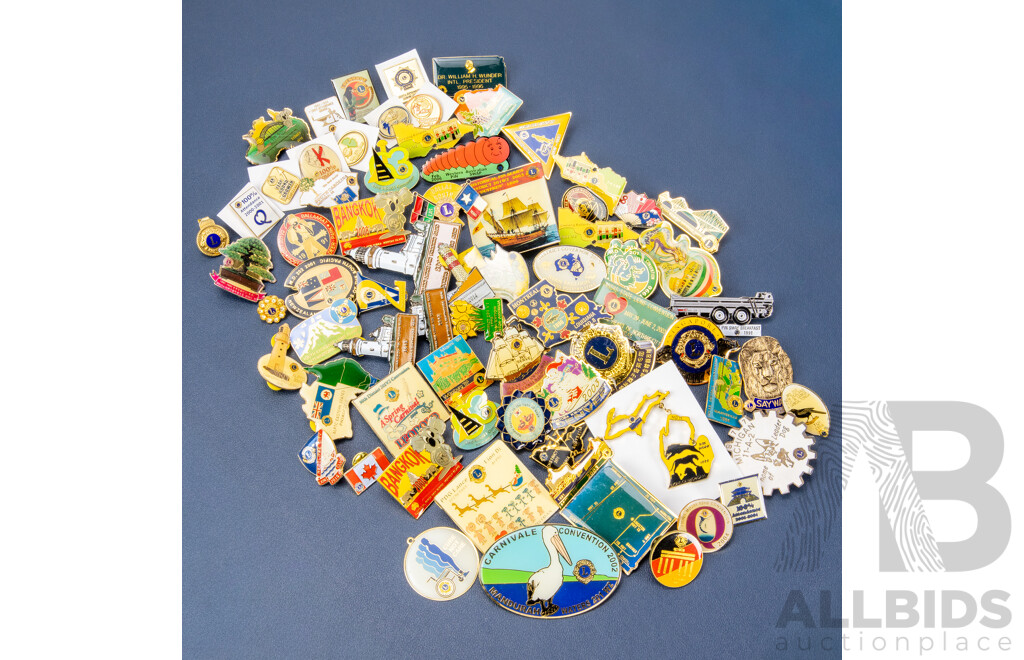 Collection of Lions Club Pins and Badges Including Pin Trading Conventions, 100% Attendance, Japan, Kansas, Edenhope, Sayward, Cape Byron, New Zealand and More