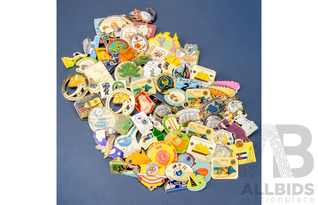 Collection of Lions Club Pins and Badges Including South Barwon, PNG, Geelong, Winston Hills, Darwin, New Zealand, Montreal, Castle Rock and More