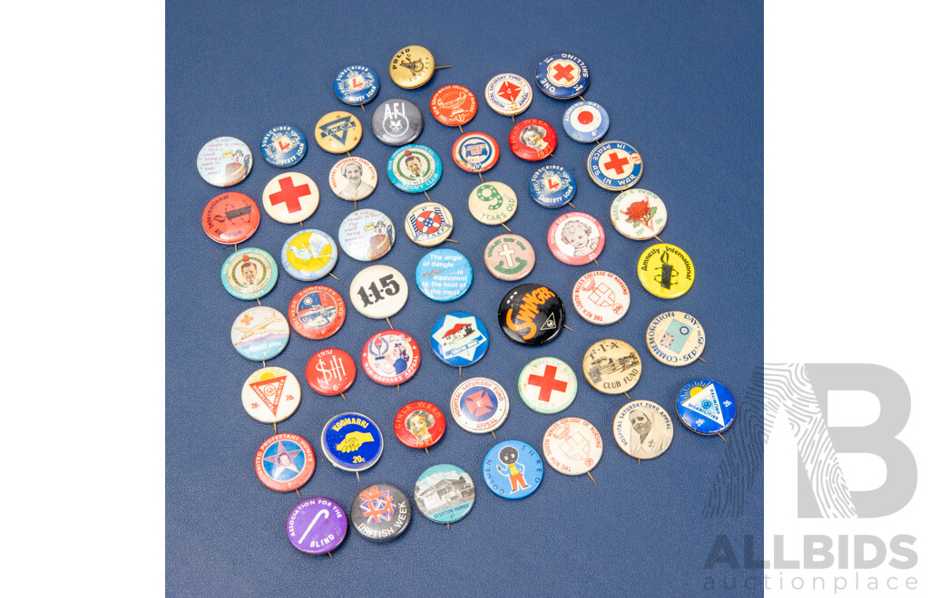 Collection of Vintage Charity Badges Including Koomarri, Hospital Saturday Fund, Golden Shred, War Orphans Appeal, Red Cross Appeal, Sydney Day Nurseries, Wheelchair & Disabled Association of Australia and More
