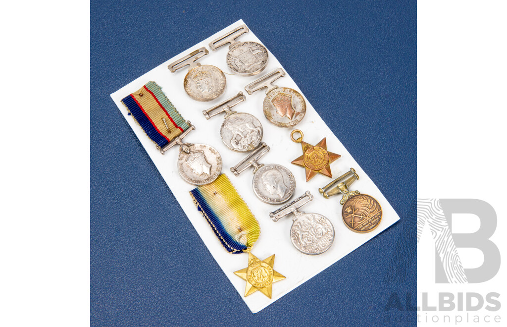 Ten World War Two Service Lapel Pins Including Atlantic Star, Pacific Star, New Zealand Defence Service Medal, KGVI