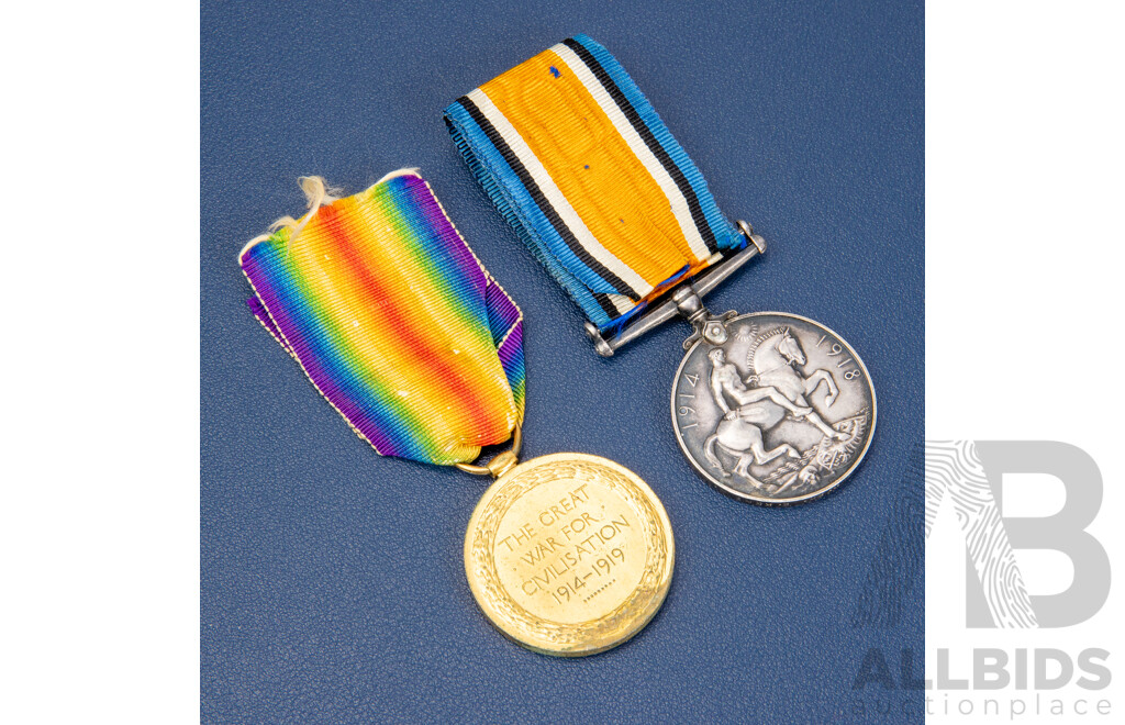 Two World War One British Military Medals, Silver and Victory Medals Both Awarded to Private F.H Dyer. E. Kent Service Number G-25327