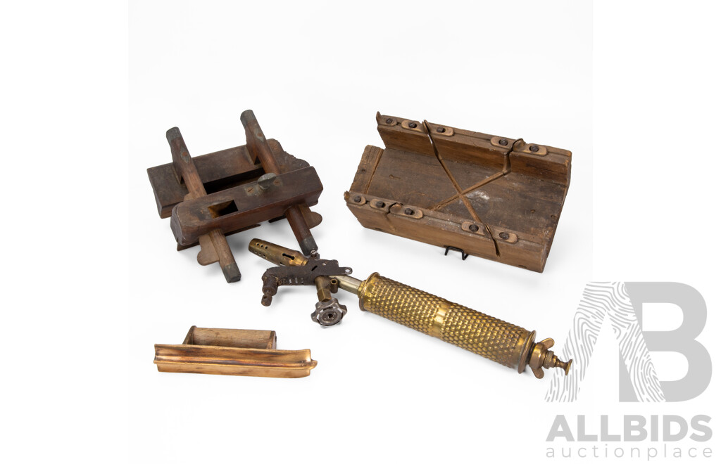 Antique Timber Profile Hand Plane, Timber Mitre Box with Brass Guides, Primus Brass Soldering Torch and Brass Concrete Edging Tool