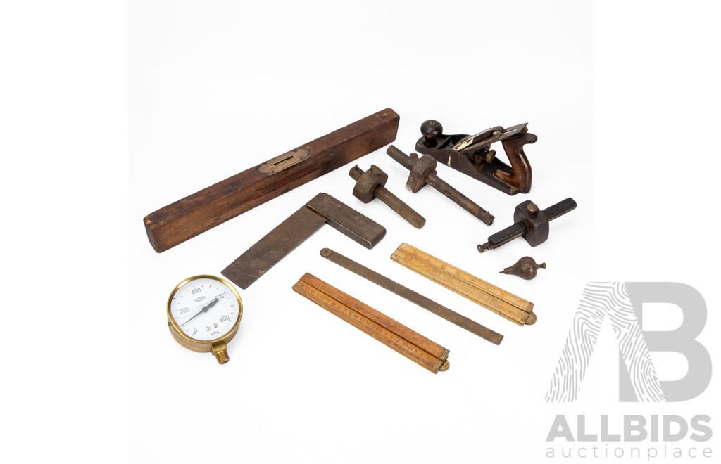 Collection of Vintage Tools Including Bailey Hand Plane, Disston Sirit Level, Three Timber Marking Gauges, Brass Plumb Bob, Timber Folding Rulers, Square, Floyd Pressure Gauge