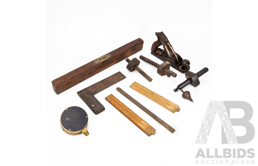 Collection of Vintage Tools Including Bailey Hand Plane, Disston Sirit Level, Three Timber Marking Gauges, Brass Plumb Bob, Timber Folding Rulers, Square, Floyd Pressure Gauge