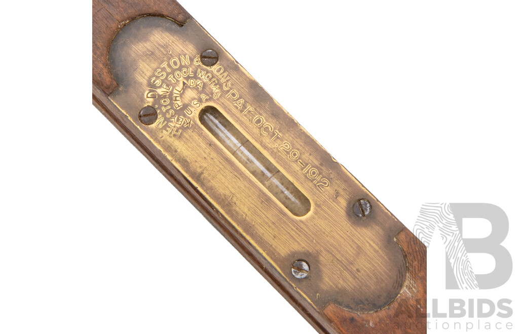 Collection of Vintage Tools Including Bailey Hand Plane, Disston Sirit Level, Three Timber Marking Gauges, Brass Plumb Bob, Timber Folding Rulers, Square, Floyd Pressure Gauge