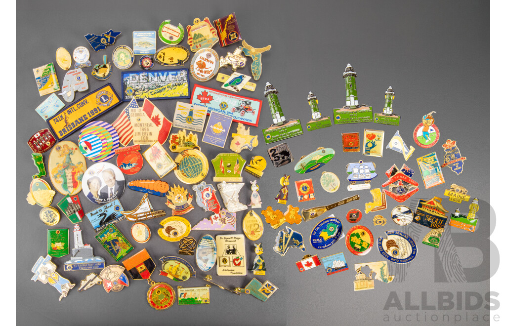 Collection of International Lions Lapel Pins and Badges Including Switzerland, USA, Australia, New Zealand, Canada