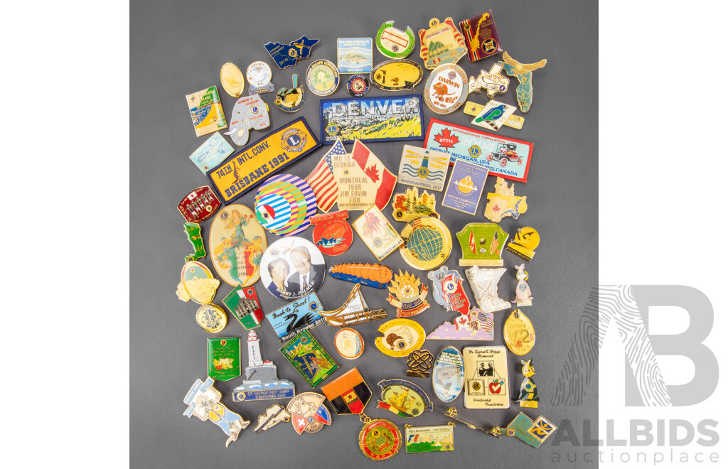 Collection of International Lions Lapel Pins and Badges Including Switzerland, USA, Australia, New Zealand, Canada