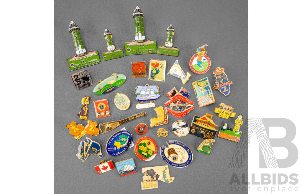 Collection of International Lions Lapel Pins and Badges Including Switzerland, USA, Australia, New Zealand, Canada