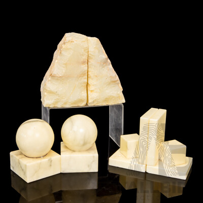 Three Sets of Alabaster Book Ends Including Spheres, Block Form and Raw Edge