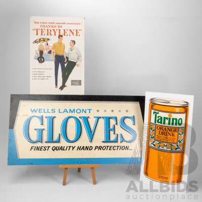 Three Vintage Advertising Signs Including Double Sided Wells Lamont Gloves, Tarino Orange Drink and Terylene Polyester Fibre