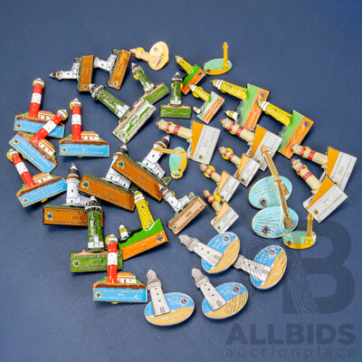 Collection of Lions Club Lighthouse Pins Including Cape Moreton, Cape Byron, Cape Otway, Troubridge Island and More