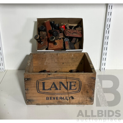 Collection of Timber Handled Rubber Company Stamps Including Herbert Wilson, H.E Collins Sydney, Mack Syd and More