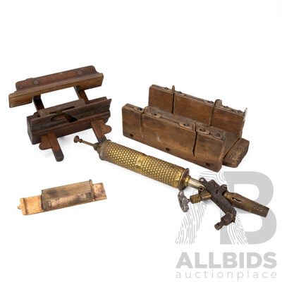 Antique Timber Profile Hand Plane, Timber Mitre Box with Brass Guides, Primus Brass Soldering Torch and Brass Concrete Edging Tool