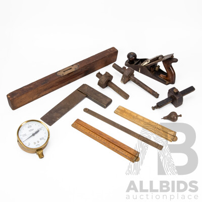 Collection of Vintage Tools Including Bailey Hand Plane, Disston Sirit Level, Three Timber Marking Gauges, Brass Plumb Bob, Timber Folding Rulers, Square, Floyd Pressure Gauge