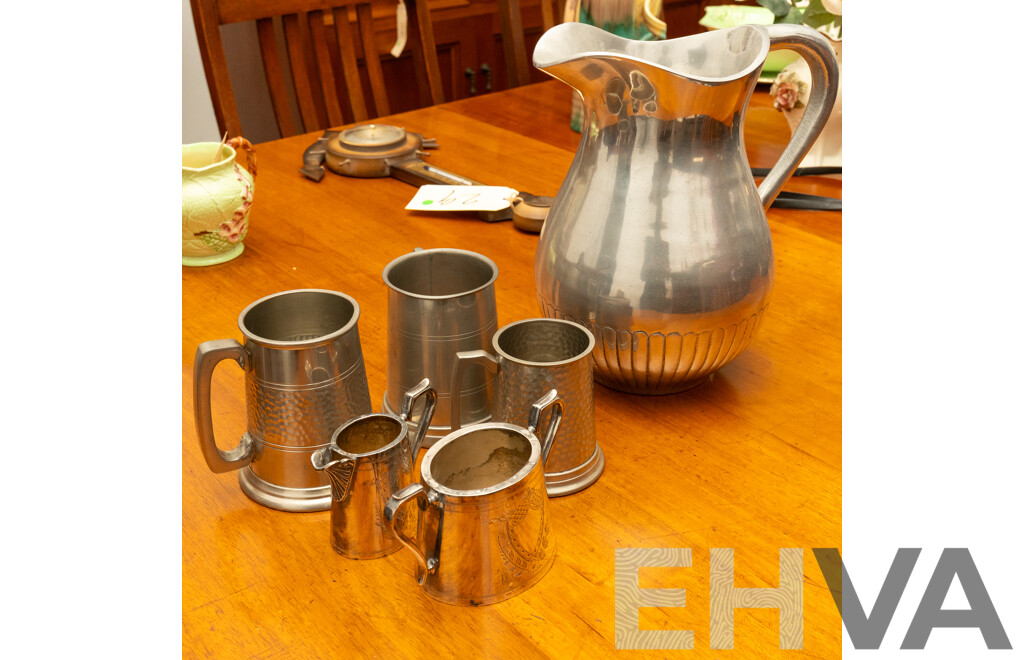 Large Pewter Pitcher with Five Vessels