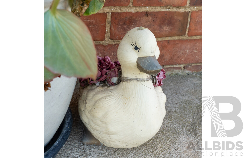 Collection of Four Various Potted Plants and a Ceramic Duck