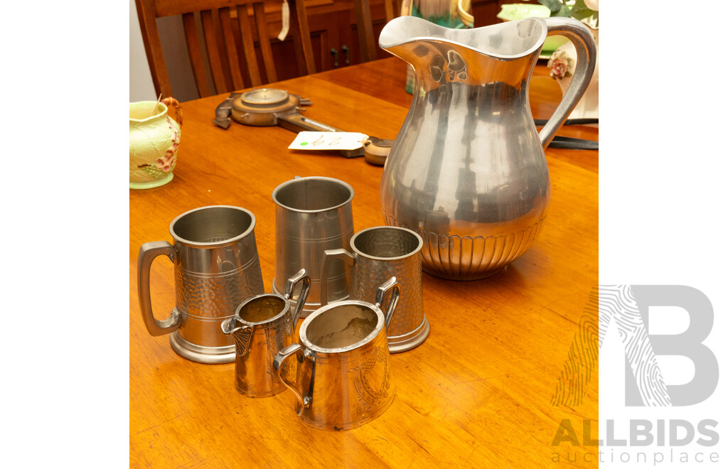 Large Pewter Pitcher with Five Vessels