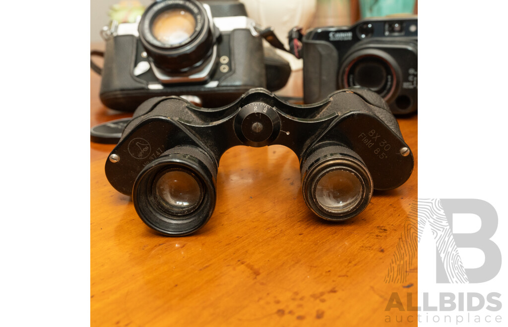 Pentax Spotmatic SLR Camera with Folding Brownie Camera and a Pair of Binoculars
