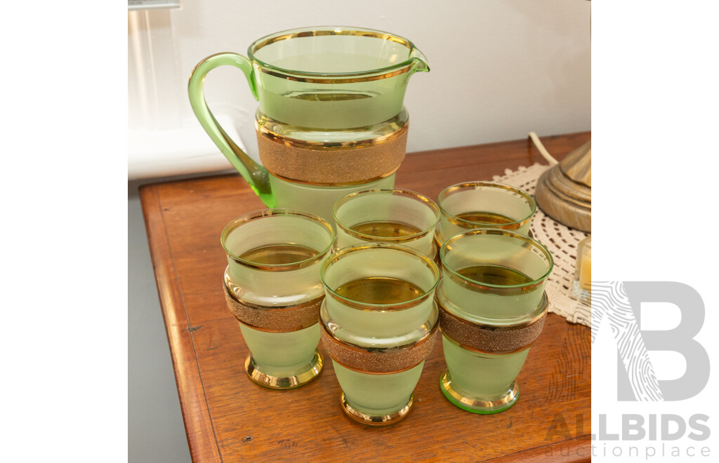 Vintage Green Glass Six Piece Drink Suite