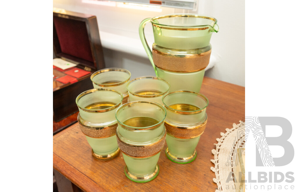 Vintage Green Glass Six Piece Drink Suite