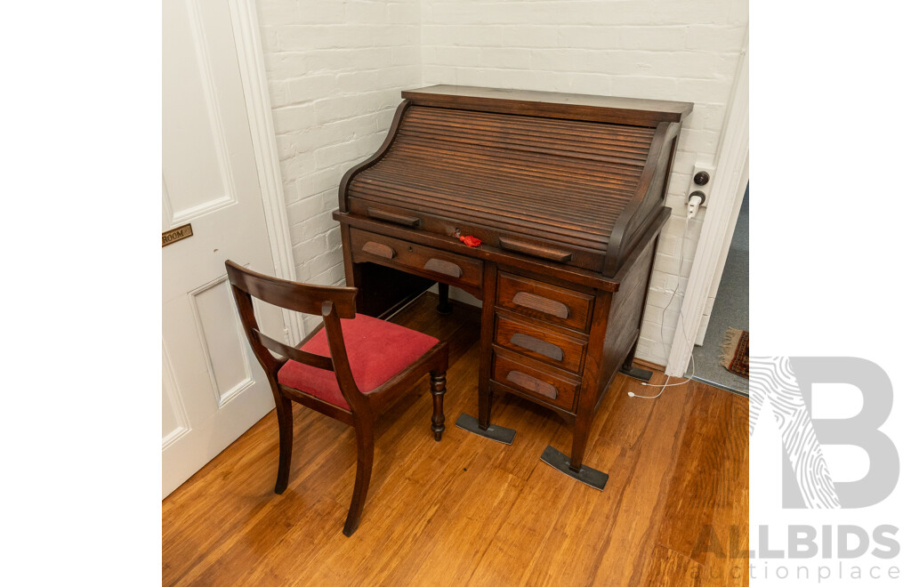 Art Deco Single Pedestal Roll Top Desk with Mahogany Chair