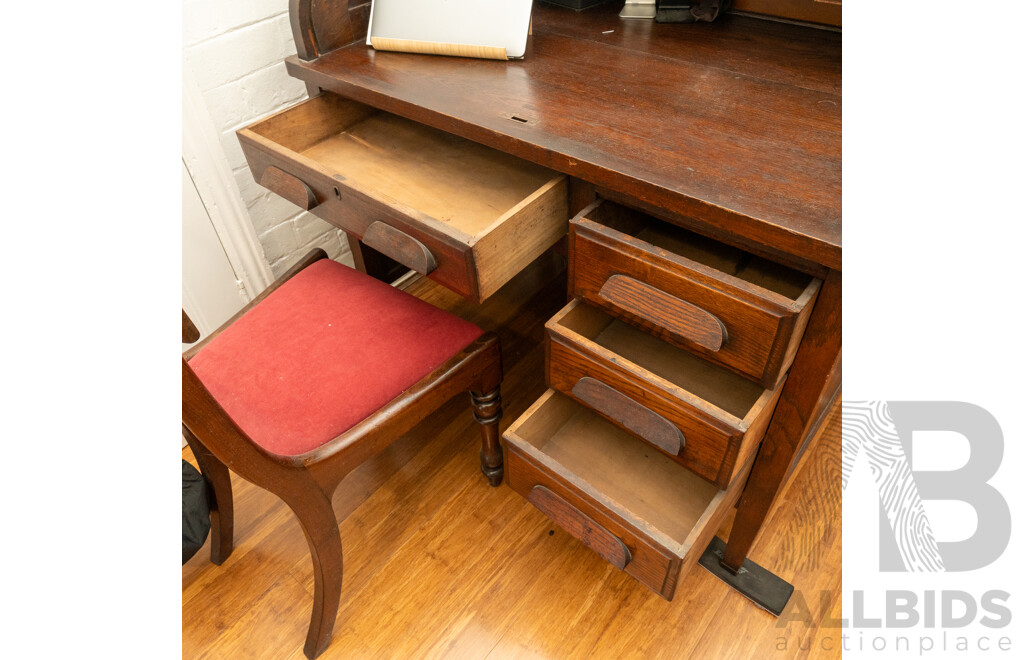 Art Deco Single Pedestal Roll Top Desk with Mahogany Chair
