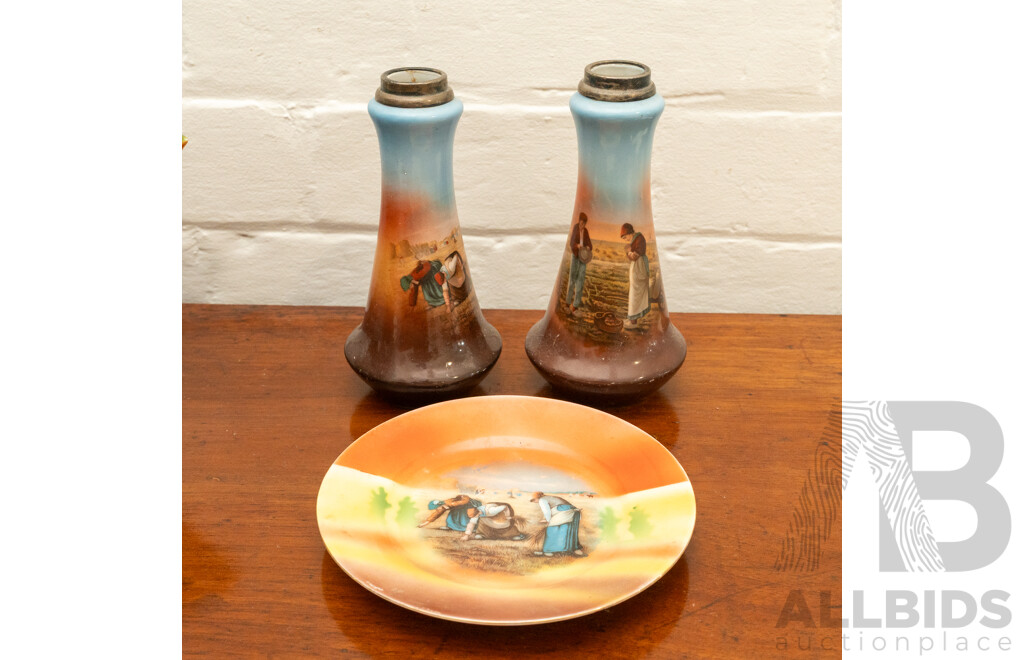 Pair of Vintage Vases with 'The Gleaners' Motif Along with a Matching Plate